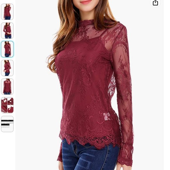 Burgundy Lace Long Sleeve Layered Blouse, XL - Picture 2 of 6